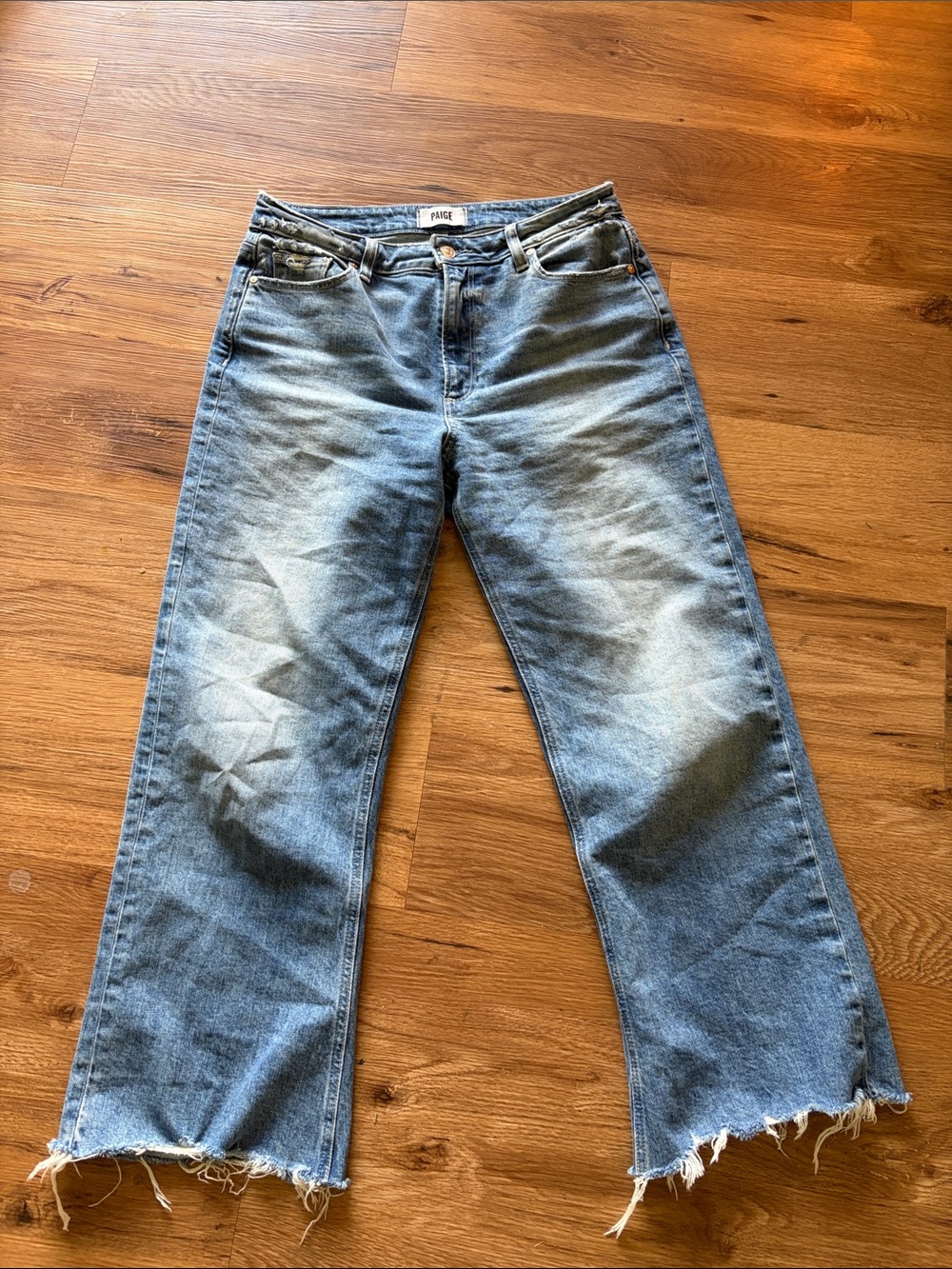 PAIGE Distressed Wide-Leg Jeans in Faded Blue Denim